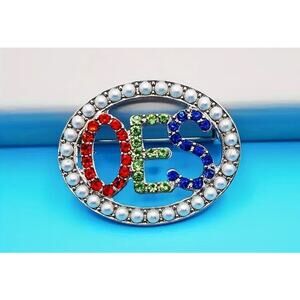OES Eastern Star Brooch Pin with White Pearls and Multicolored Rhinestones
